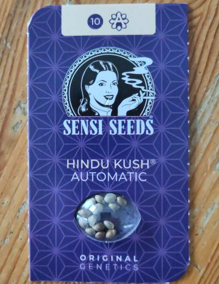 Eine 10er Packung Hanfsamen von Sensi Seeds der Sorte "Hindu Kush Automatic" mit 14 Samen.